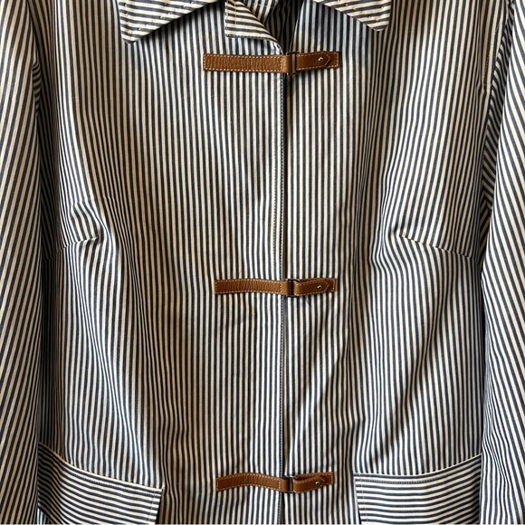 Lafayette 148 striped cotton linen coat jacket with leather strap closures - Picture 4 of 14